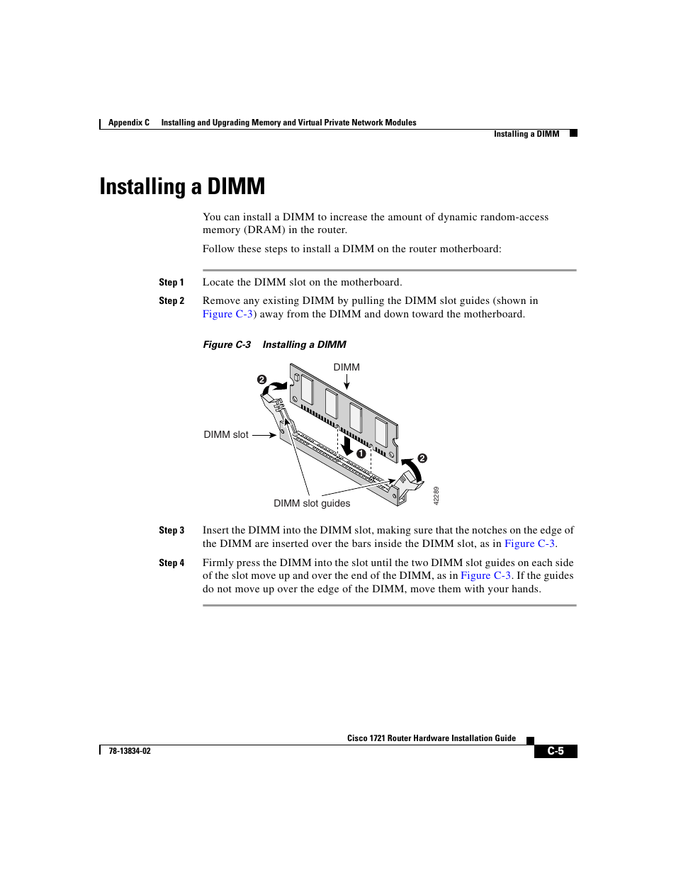 Installing a dimm | Cisco 1721 User Manual | Page 73 / 92