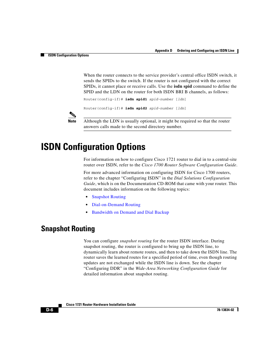 Isdn configuration options, Snapshot routing | Cisco 1721 User Manual | Page 84 / 92