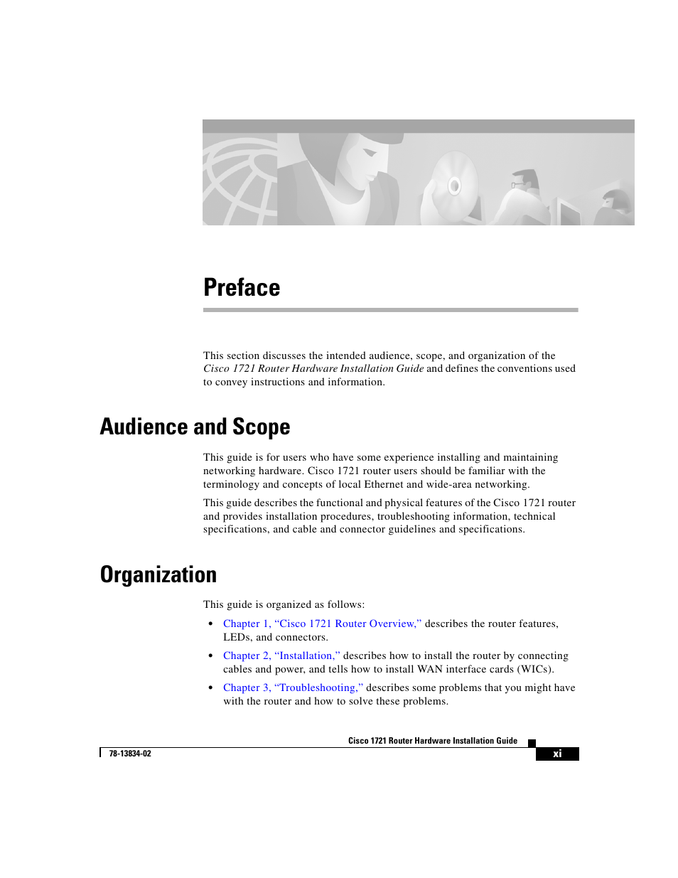 Preface, Audience and scope, Organization | Cisco 1721 User Manual | Page 9 / 92