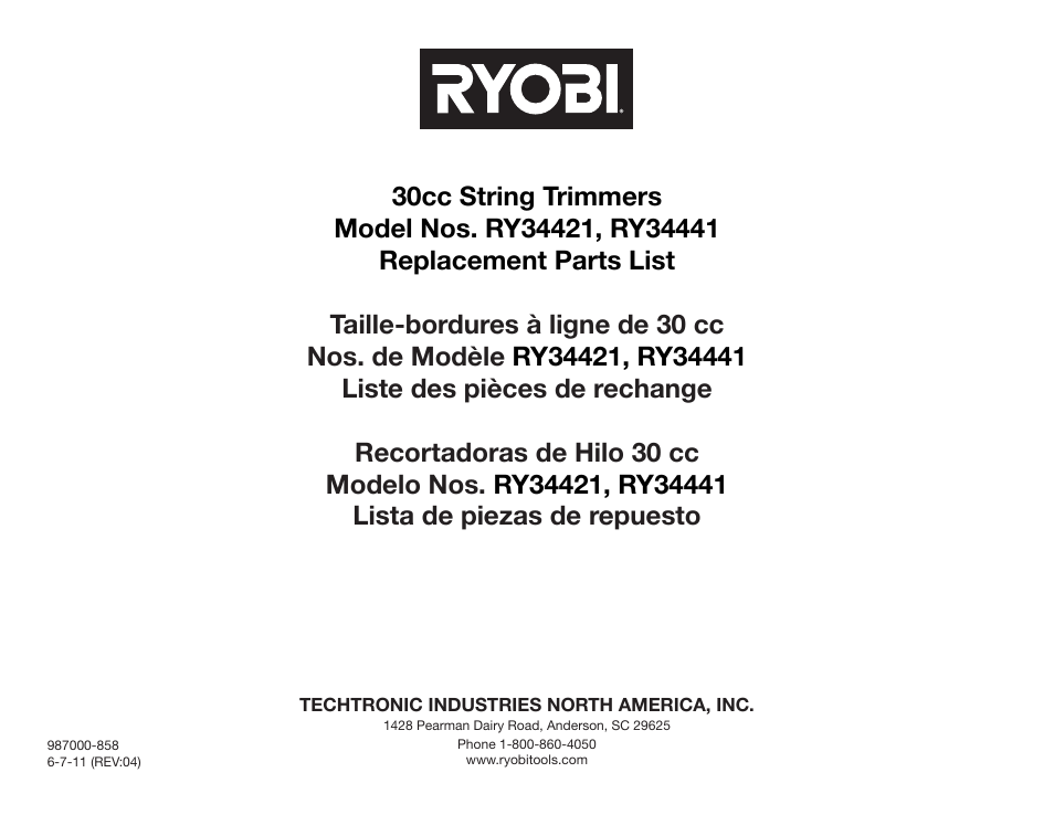 Ryobi RY34421 User Manual | 12 pages