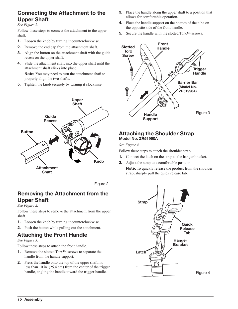 Connecting the attachment to the upper shaft, Removing the attachment from the upper shaft, Attaching the front handle | Attaching the shoulder strap | Ryobi ZR51950A User Manual | Page 12 / 28