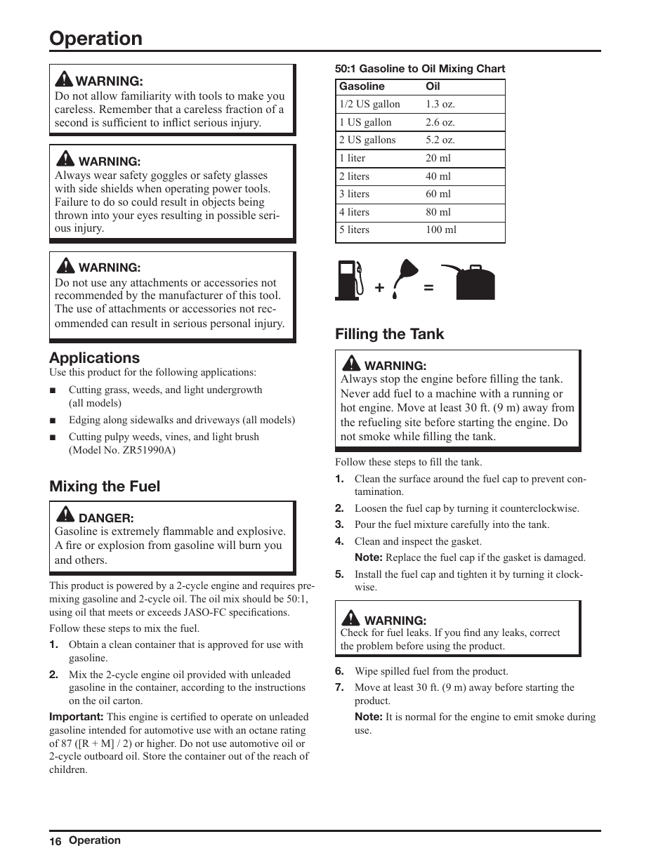 Operation, Mixing the fuel, Filling the tank | Applications | Ryobi ZR51950A User Manual | Page 16 / 28