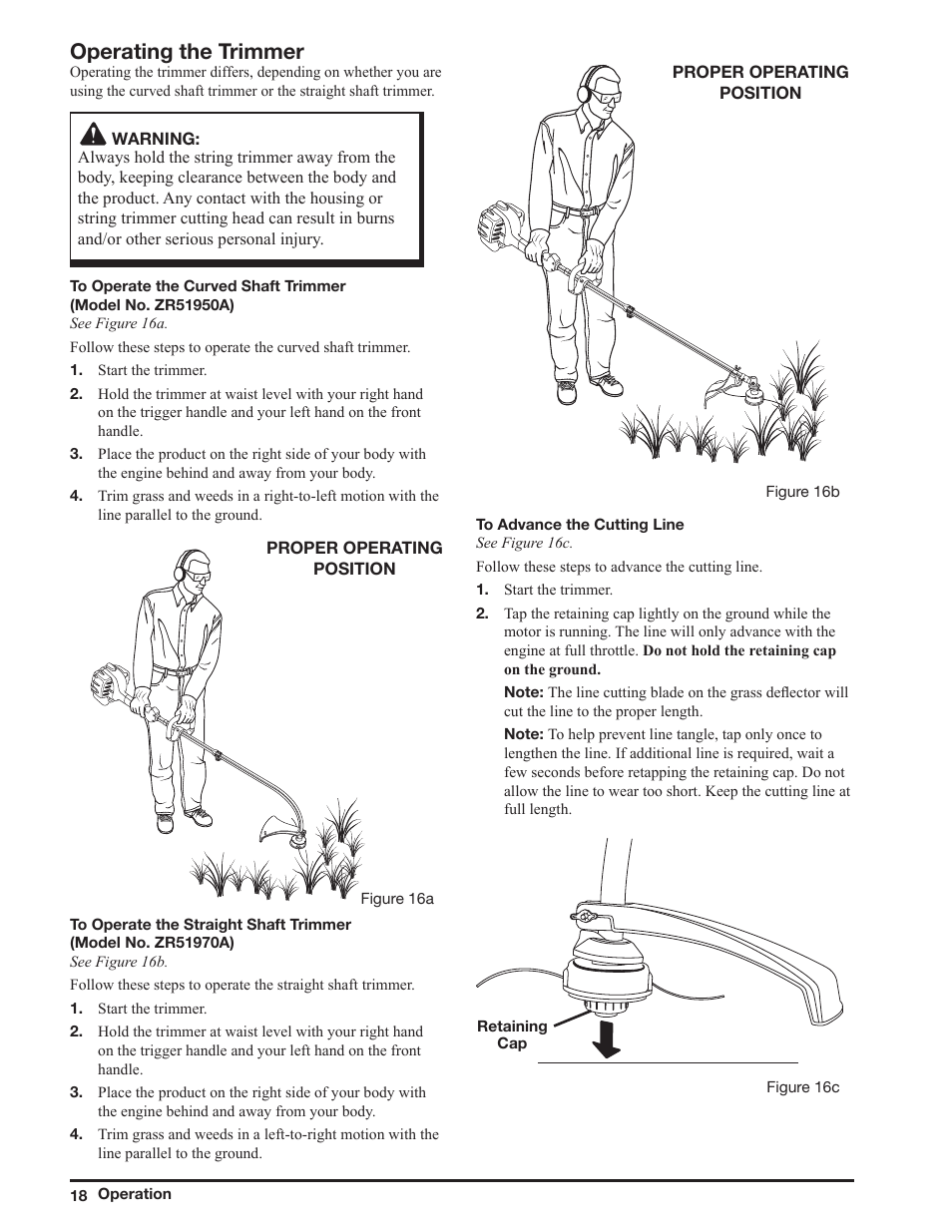 Operating the trimmer | Ryobi ZR51950A User Manual | Page 18 / 28