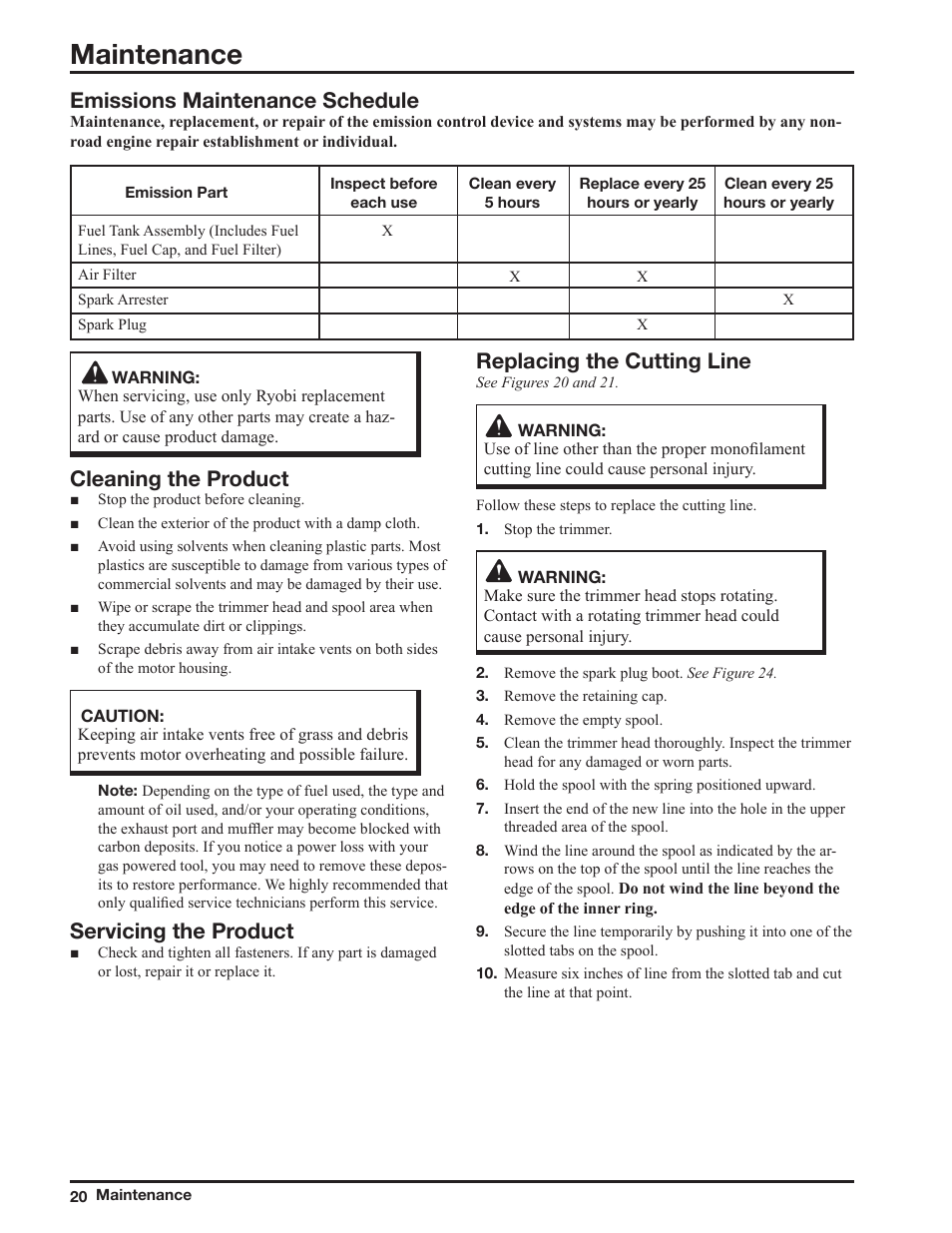 Maintenance, Cleaning the product, Servicing the product | Emissions maintenance schedule, Replacing the cutting line | Ryobi ZR51950A User Manual | Page 20 / 28