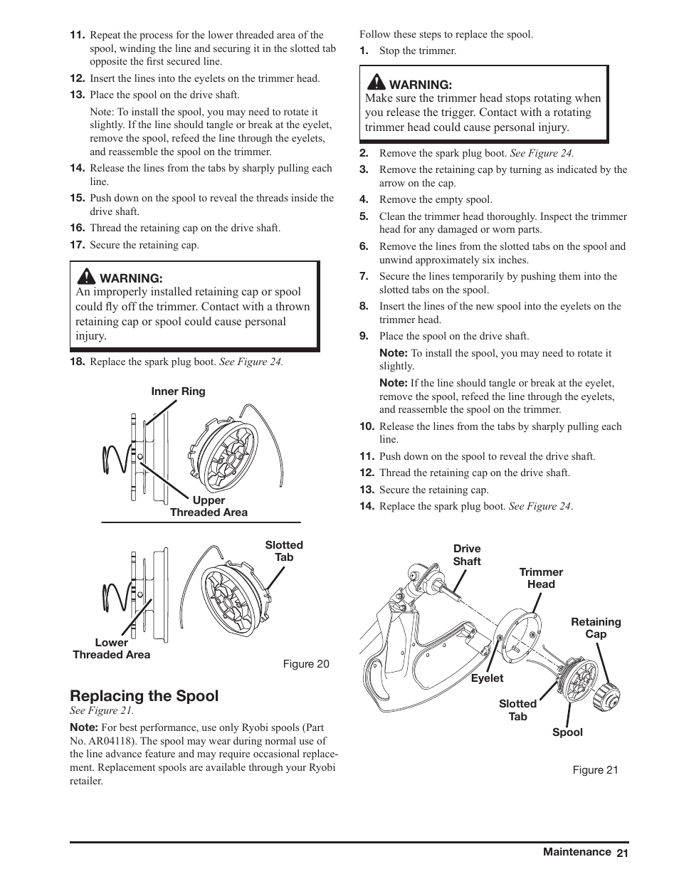 Replacing the spool | Ryobi ZR51950A User Manual | Page 21 / 28