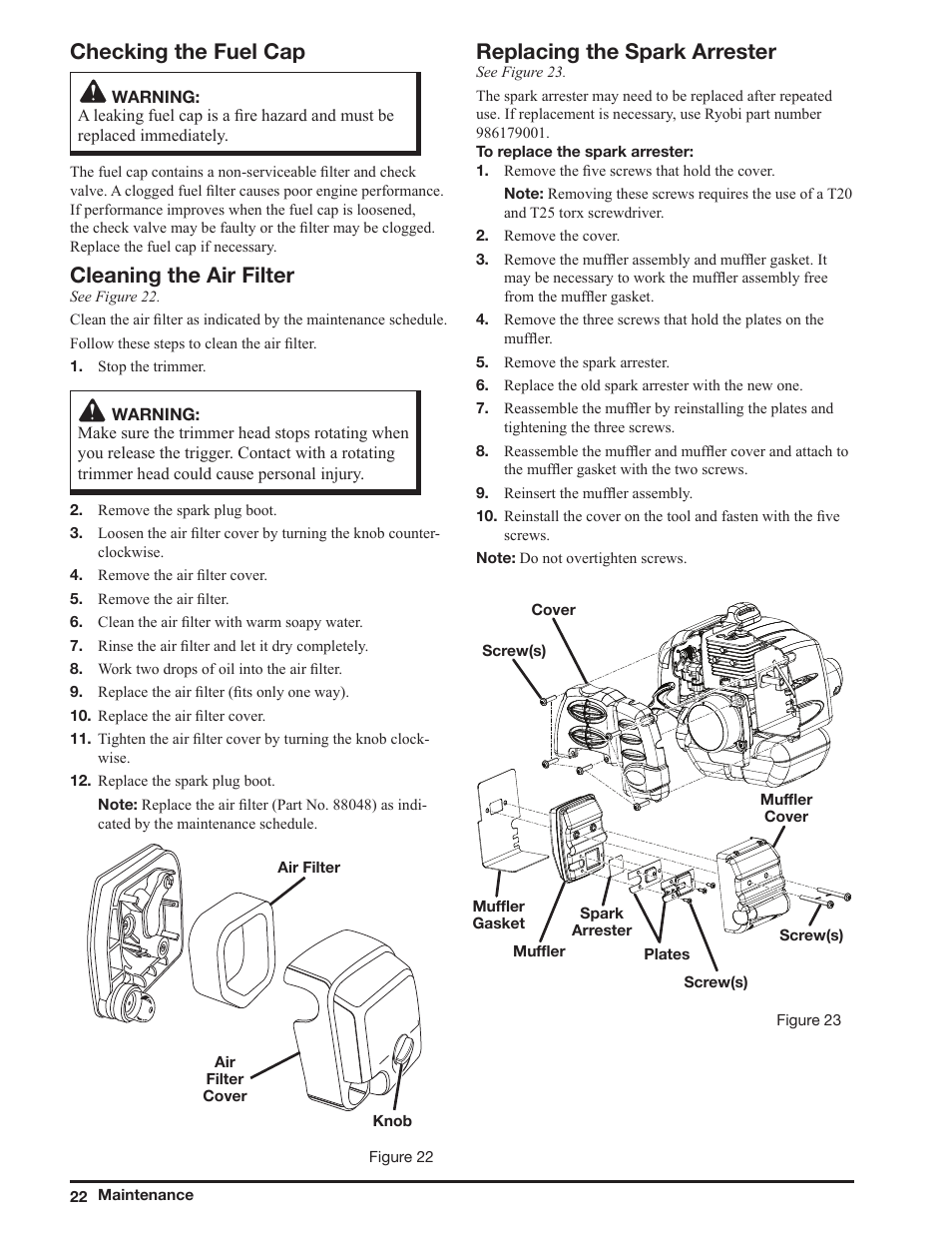 Checking the fuel cap, Cleaning the air filter, Replacing the spark arrester | Ryobi ZR51950A User Manual | Page 22 / 28