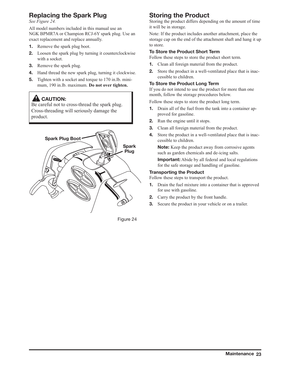 Replacing the spark plug, Storing the product | Ryobi ZR51950A User Manual | Page 23 / 28