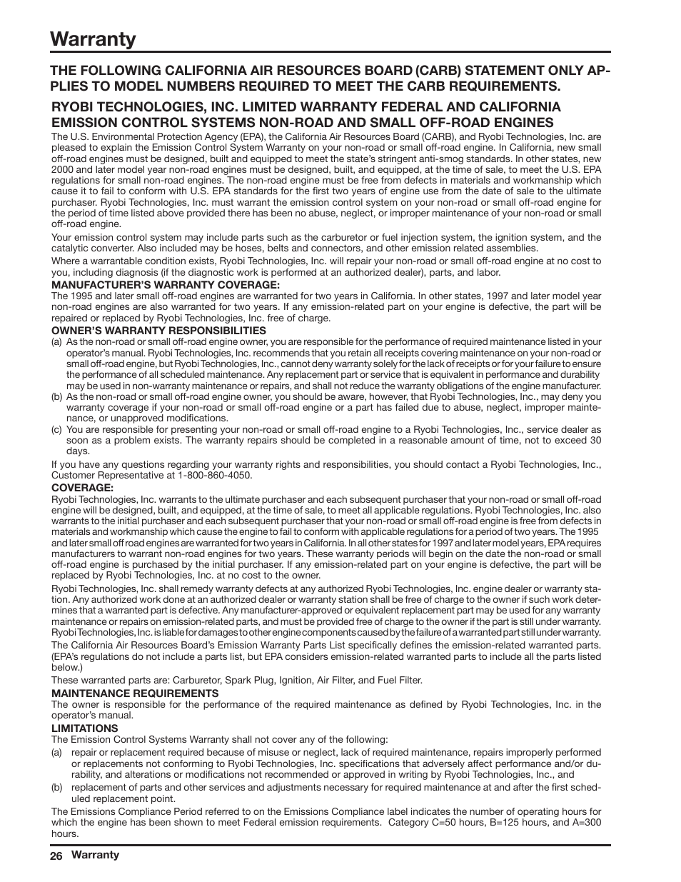 Warranty, The following california air resources board | Ryobi ZR51950A User Manual | Page 26 / 28