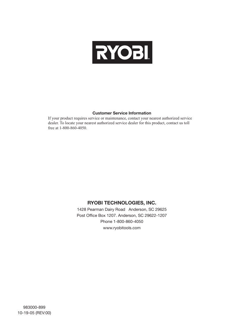 Ryobi ZR51950A User Manual | Page 28 / 28