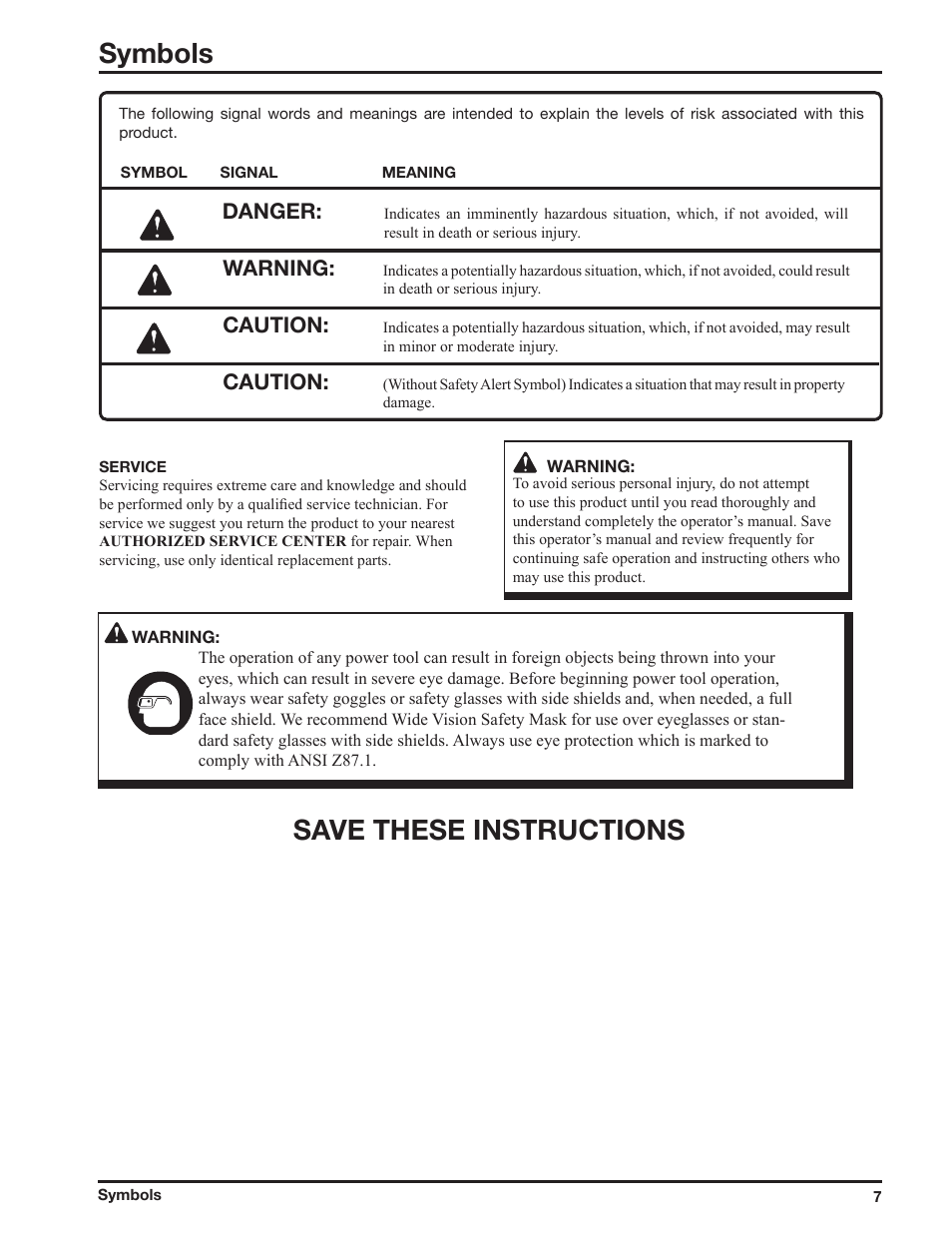 Save these instructions, Symbols, Danger | Warning, Caution | Ryobi ZR51950A User Manual | Page 7 / 28