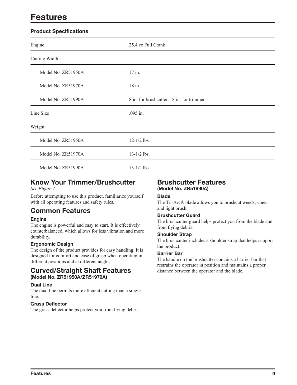Features, Know your trimmer/brushcutter, Common features | Curved/straight shaft features, Brushcutter features | Ryobi ZR51950A User Manual | Page 9 / 28
