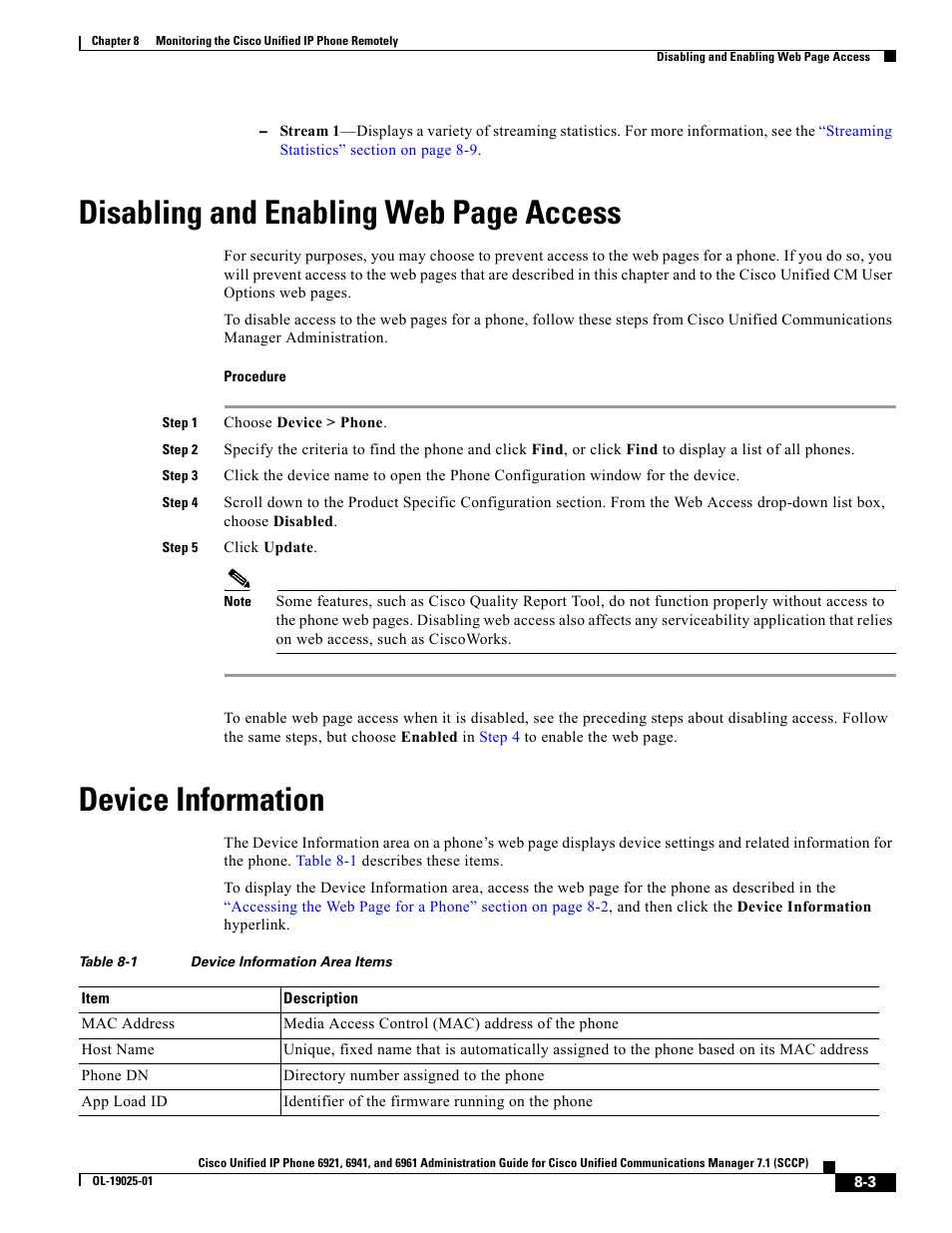 Device information, Disabling and enabling web page access | Cisco OL-19025-01 User Manual | Page 3 / 10