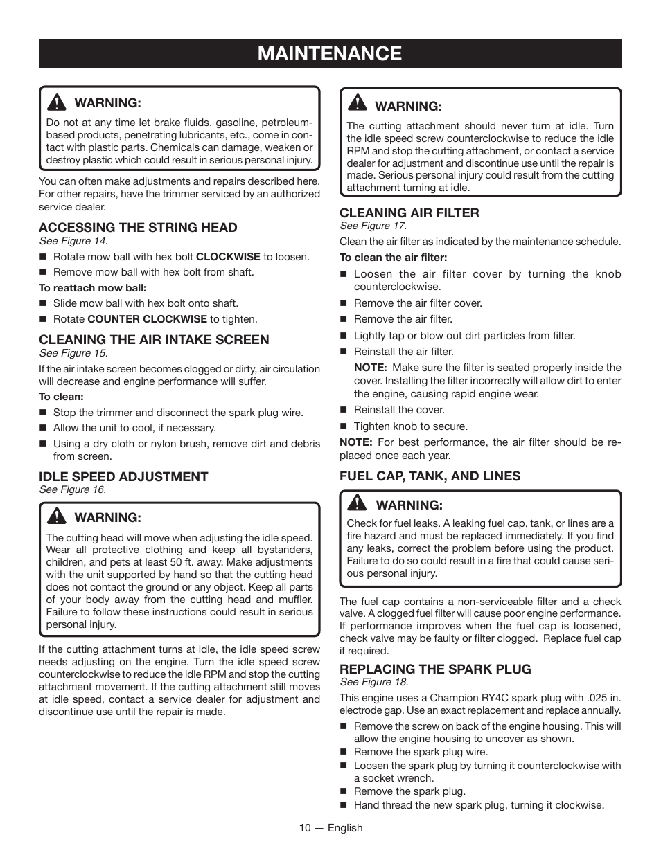 Maintenance | Ryobi RY13015 User Manual | Page 14 / 48