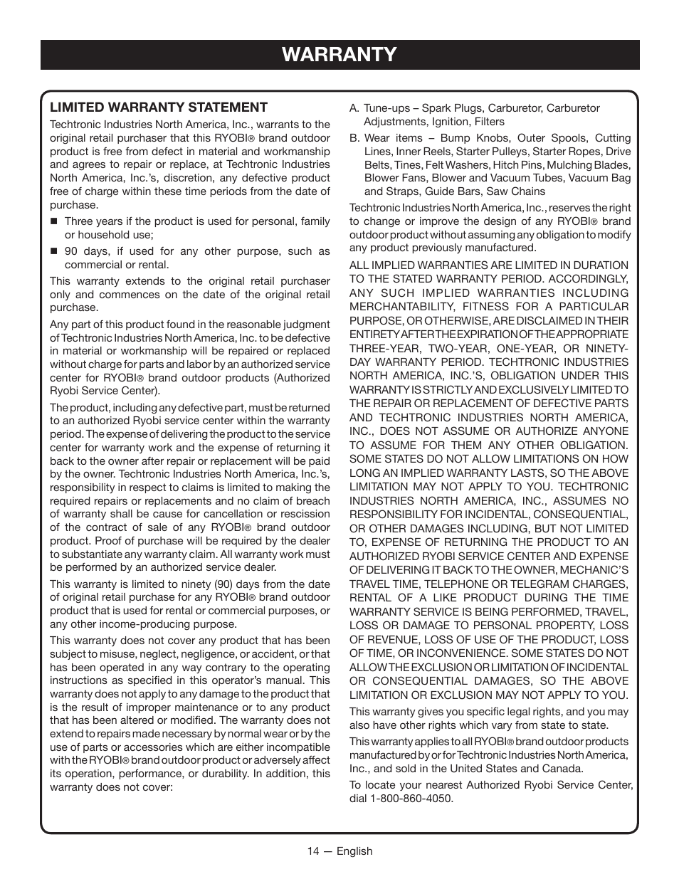 Warranty | Ryobi RY13015 User Manual | Page 18 / 48