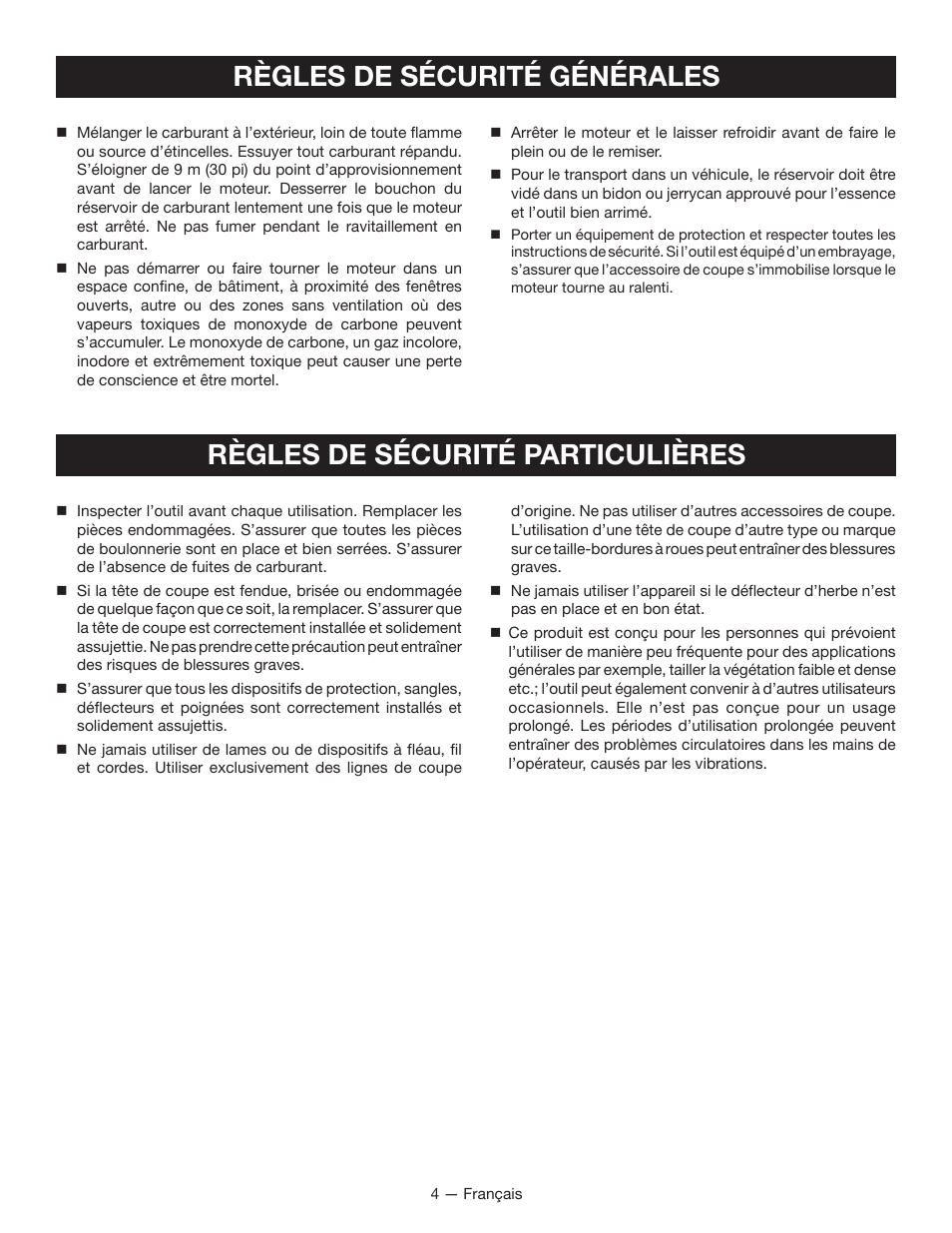 Règles de sécurité particulières, Règles de sécurité générales | Ryobi RY13015 User Manual | Page 23 / 48