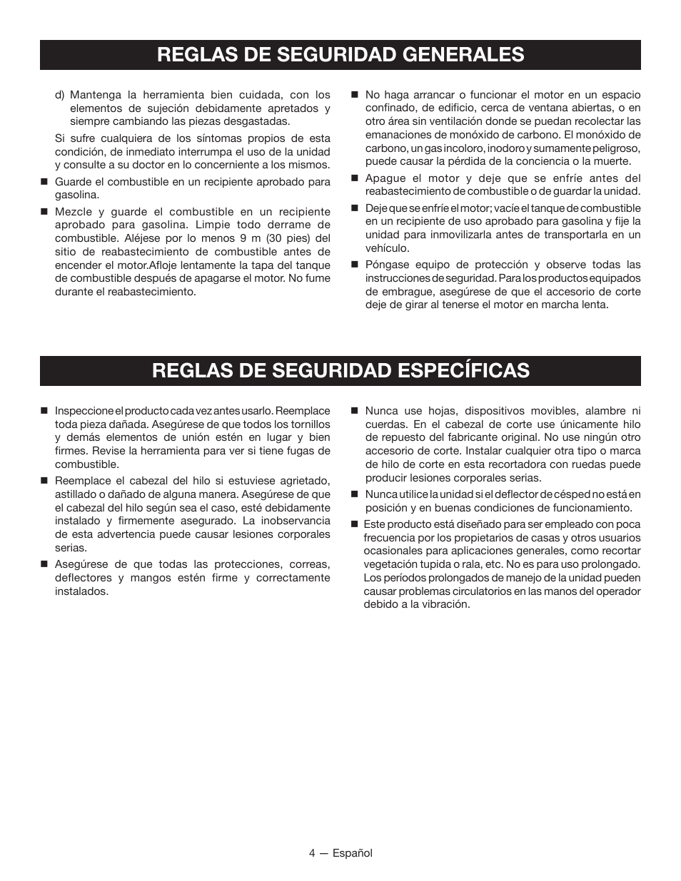 Reglas de seguridad específicas, Reglas de seguridad generales | Ryobi RY13015 User Manual | Page 36 / 48