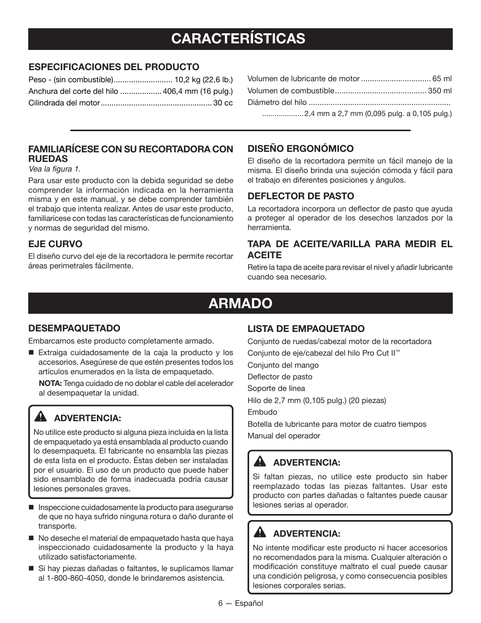 Características, Armado | Ryobi RY13015 User Manual | Page 38 / 48