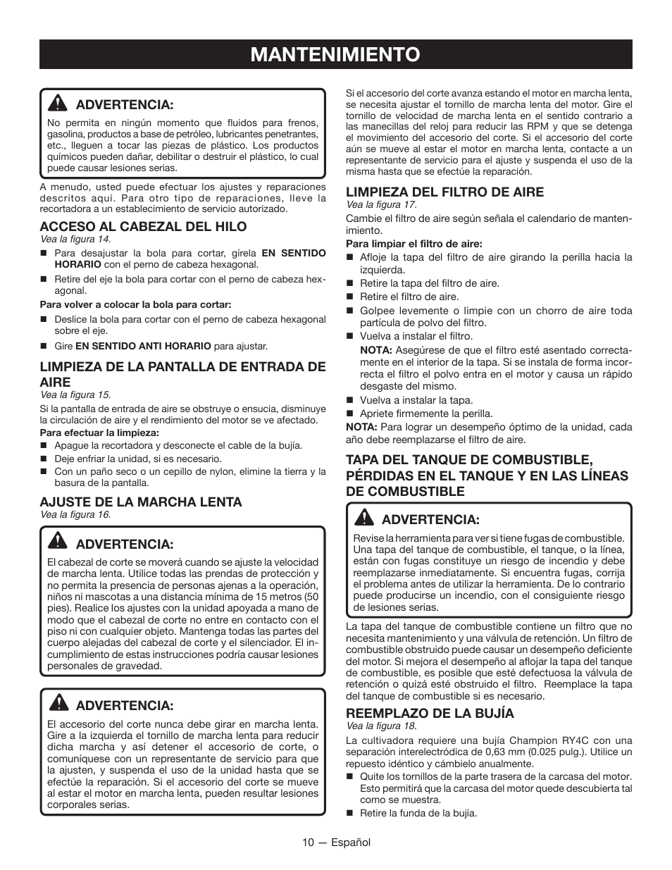 Mantenimiento, Advertencia, Acceso al cabezal del hilo | Limpieza de la pantalla de entrada de aire, Ajuste de la marcha lenta, Limpieza del filtro de aire, Reemplazo de la bujía | Ryobi RY13015 User Manual | Page 42 / 48