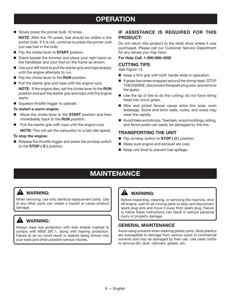 Operation, Maintenance | Ryobi RY13015 User Manual | Page 13 / 48