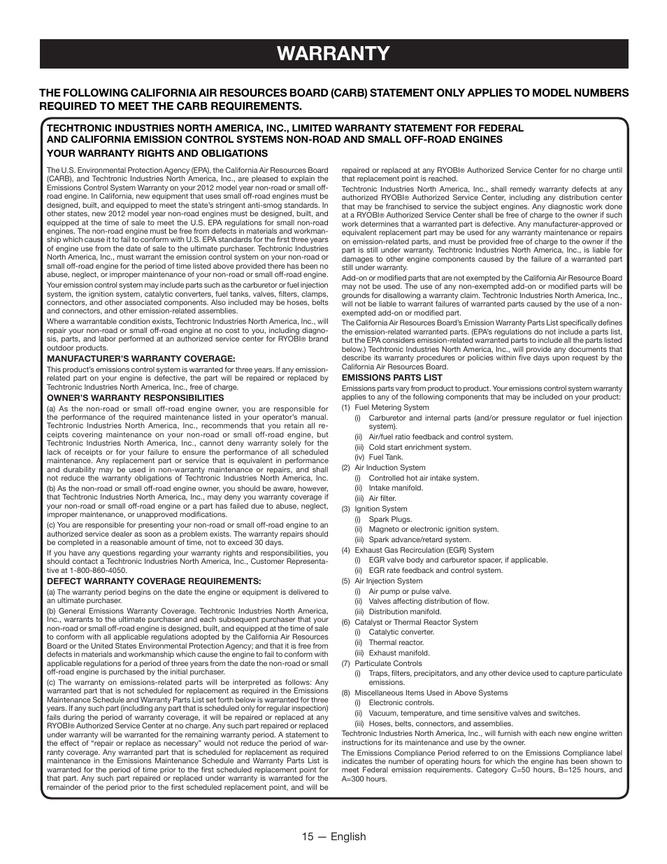 Warranty, 15 — english | Ryobi RY13015 User Manual | Page 19 / 48