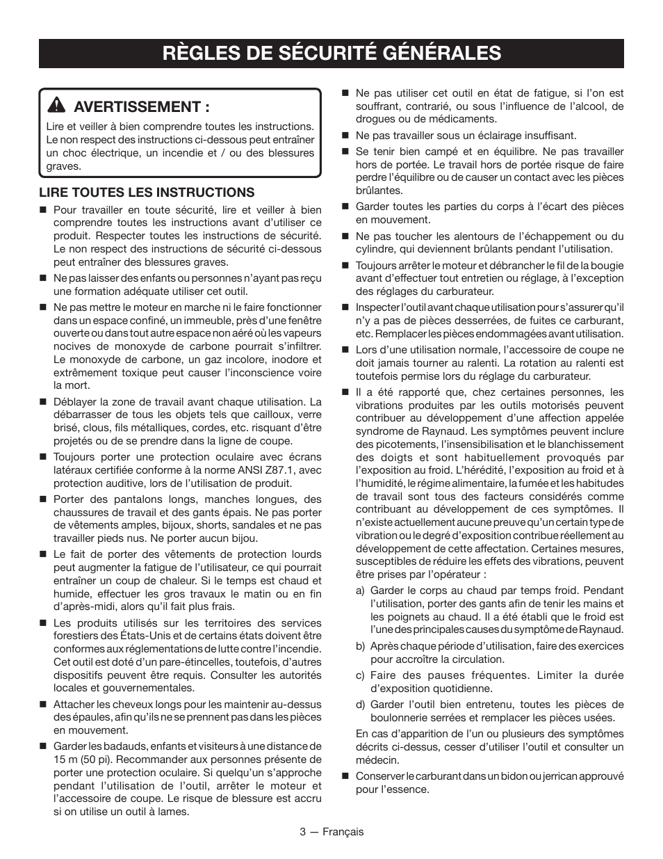 Règles de sécurité générales, Avertissement | Ryobi RY13015 User Manual | Page 22 / 48