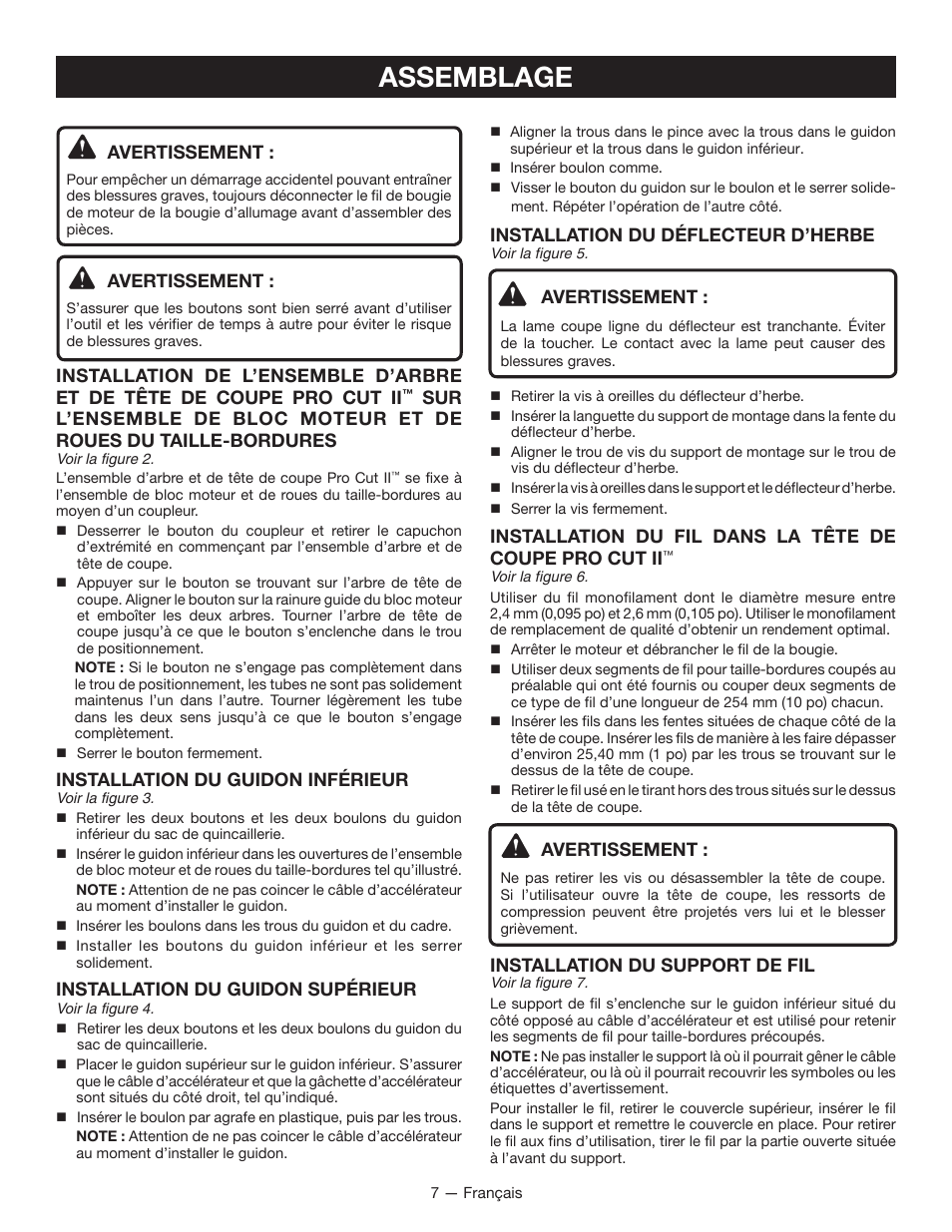 Assemblage, Installation du déflecteur d’herbe, Avertissement | Installation du support de fil, Installation du guidon inférieur, Installation du guidon supérieur | Ryobi RY13015 User Manual | Page 26 / 48