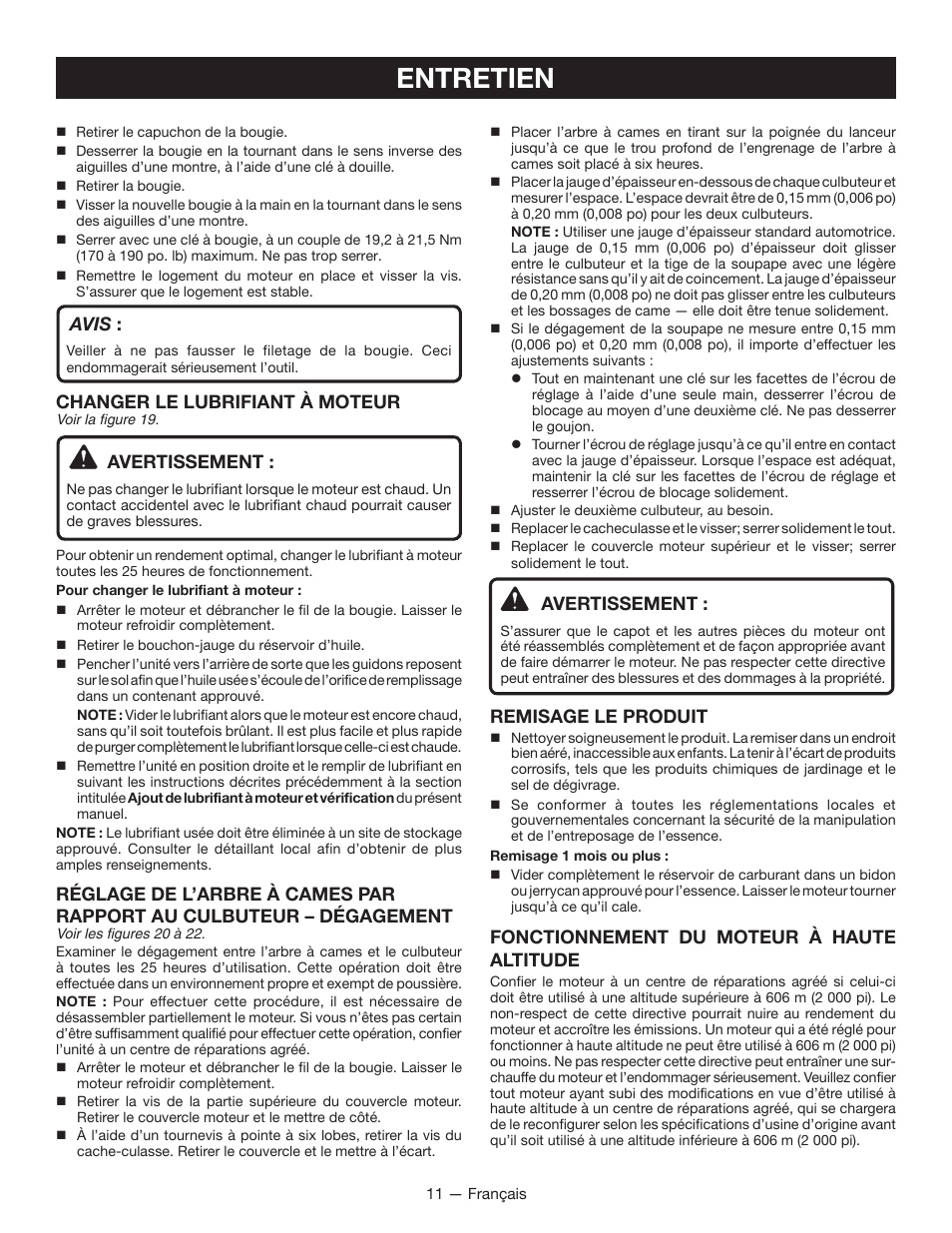 Entretien, Avis, Changer le lubrifiant à moteur | Avertissement, Remisage le produit, Fonctionnement du moteur à haute altitude | Ryobi RY13015 User Manual | Page 30 / 48