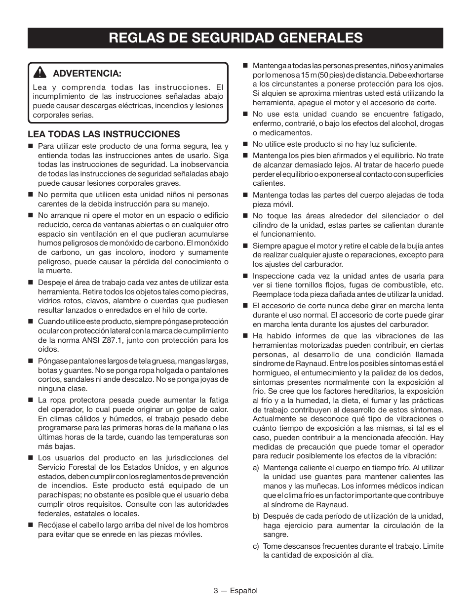 Reglas de seguridad generales | Ryobi RY13015 User Manual | Page 35 / 48