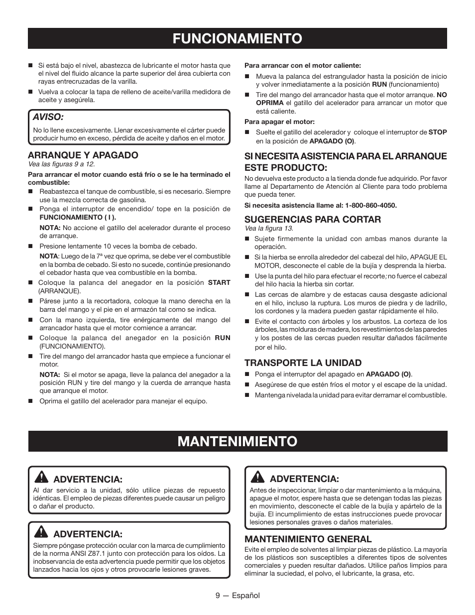 Funcionamiento, Mantenimiento, Advertencia | Sugerencias para cortar, Transporte la unidad, Aviso, Arranque y apagado, Mantenimiento general | Ryobi RY13015 User Manual | Page 41 / 48