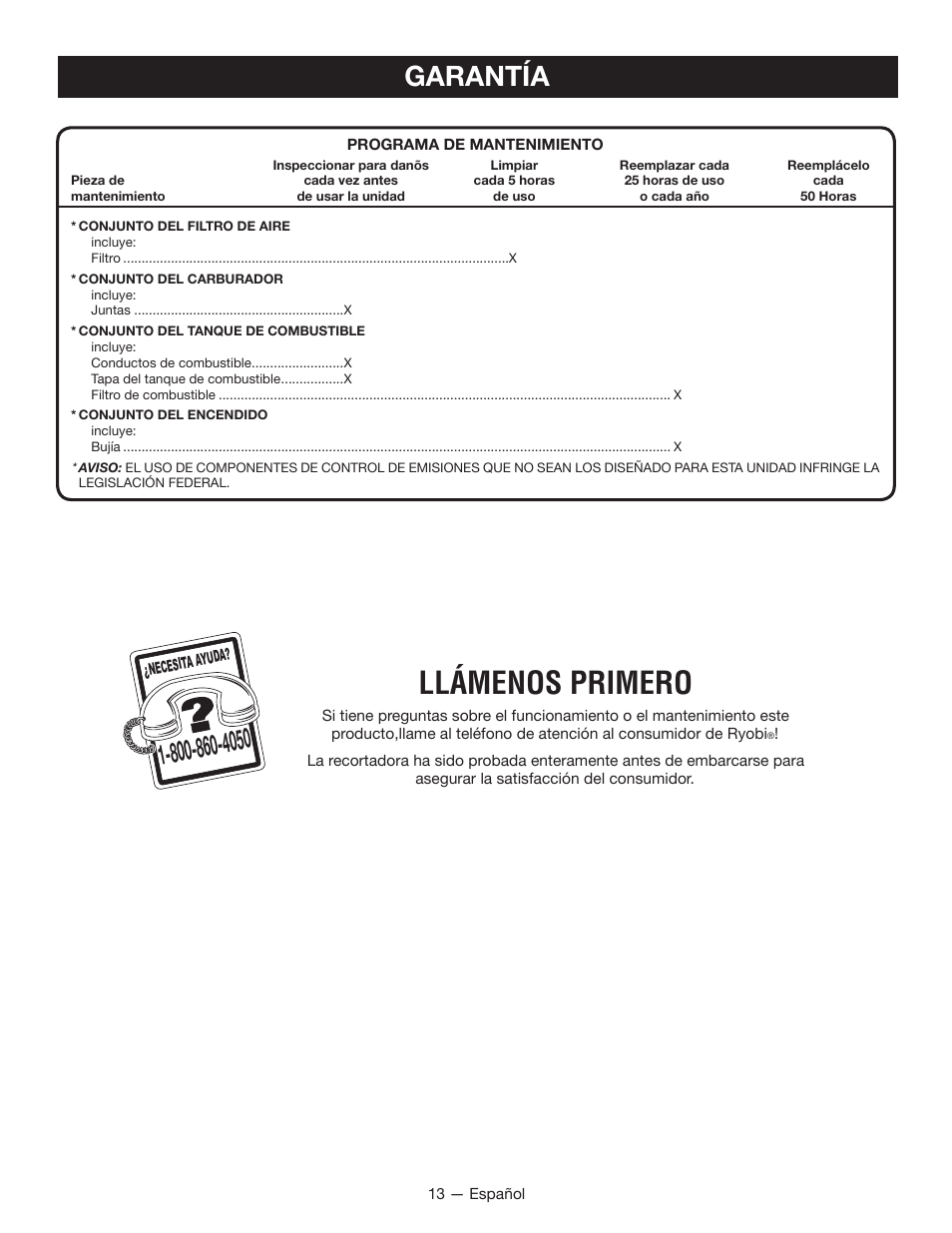 Llámenos primero, Garantía | Ryobi RY13015 User Manual | Page 45 / 48