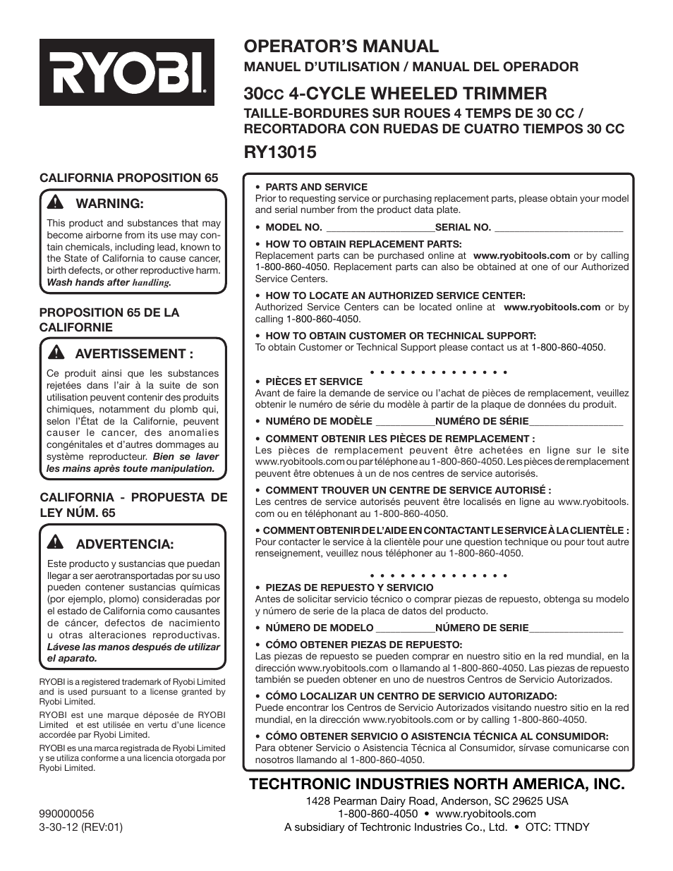 Operator’s manual, Cycle wheeled trimmer, Techtronic industries north america, inc | Ryobi RY13015 User Manual | Page 48 / 48