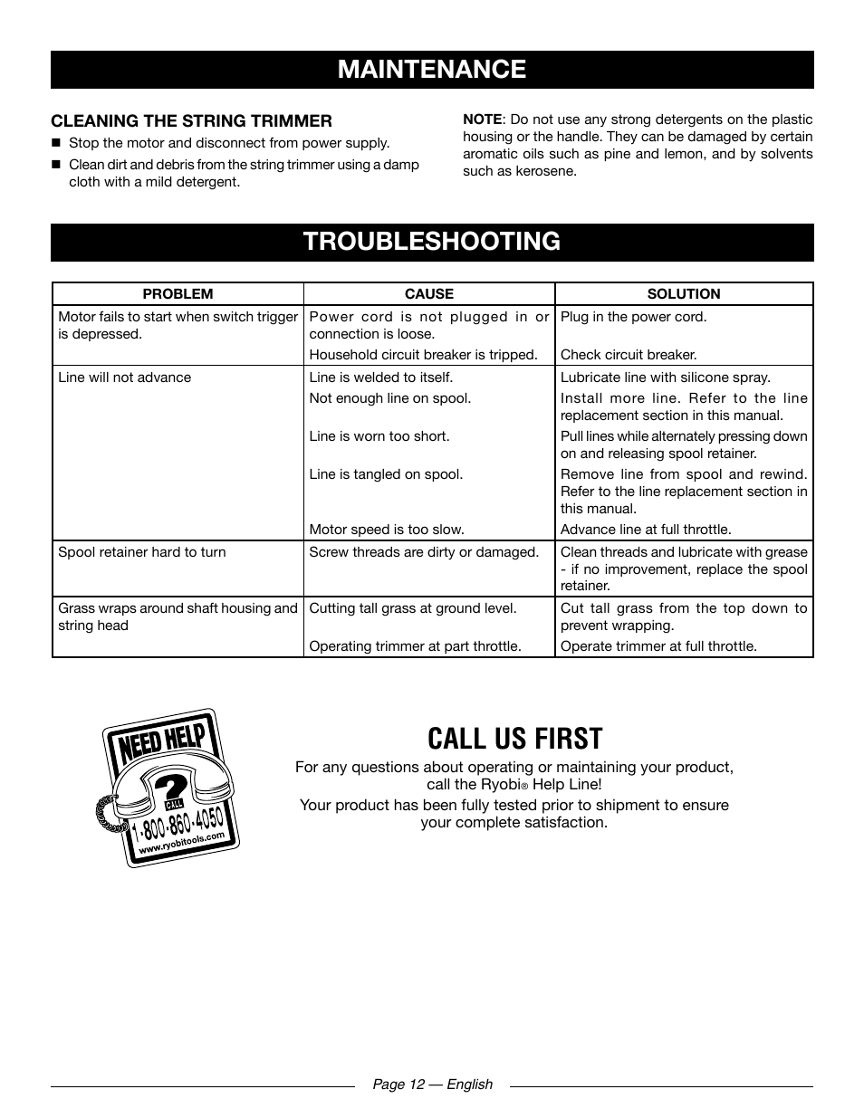 Call us first, Maintenance, Troubleshooting | Ryobi RY41131 User Manual | Page 16 / 40