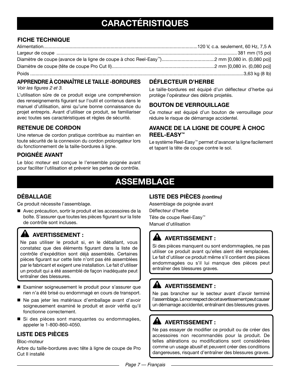 Caractéristiques assemblage | Ryobi RY41131 User Manual | Page 22 / 40