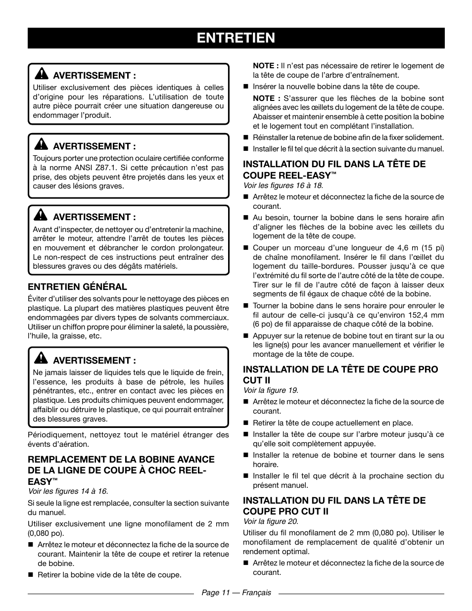 Entretien | Ryobi RY41131 User Manual | Page 26 / 40