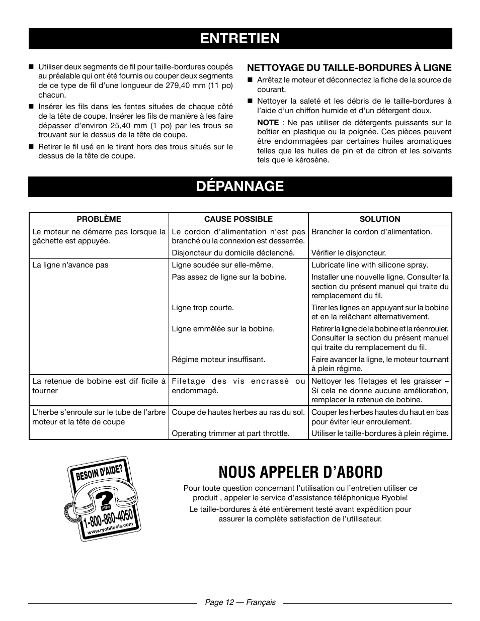 Nous appeler d’abord, Dépannage, Entretien | Besoin d’aid e | Ryobi RY41131 User Manual | Page 27 / 40