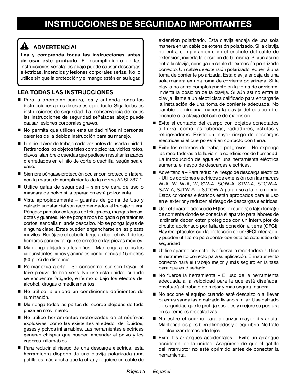 Instrucciones de seguridad importantes | Ryobi RY41131 User Manual | Page 29 / 40