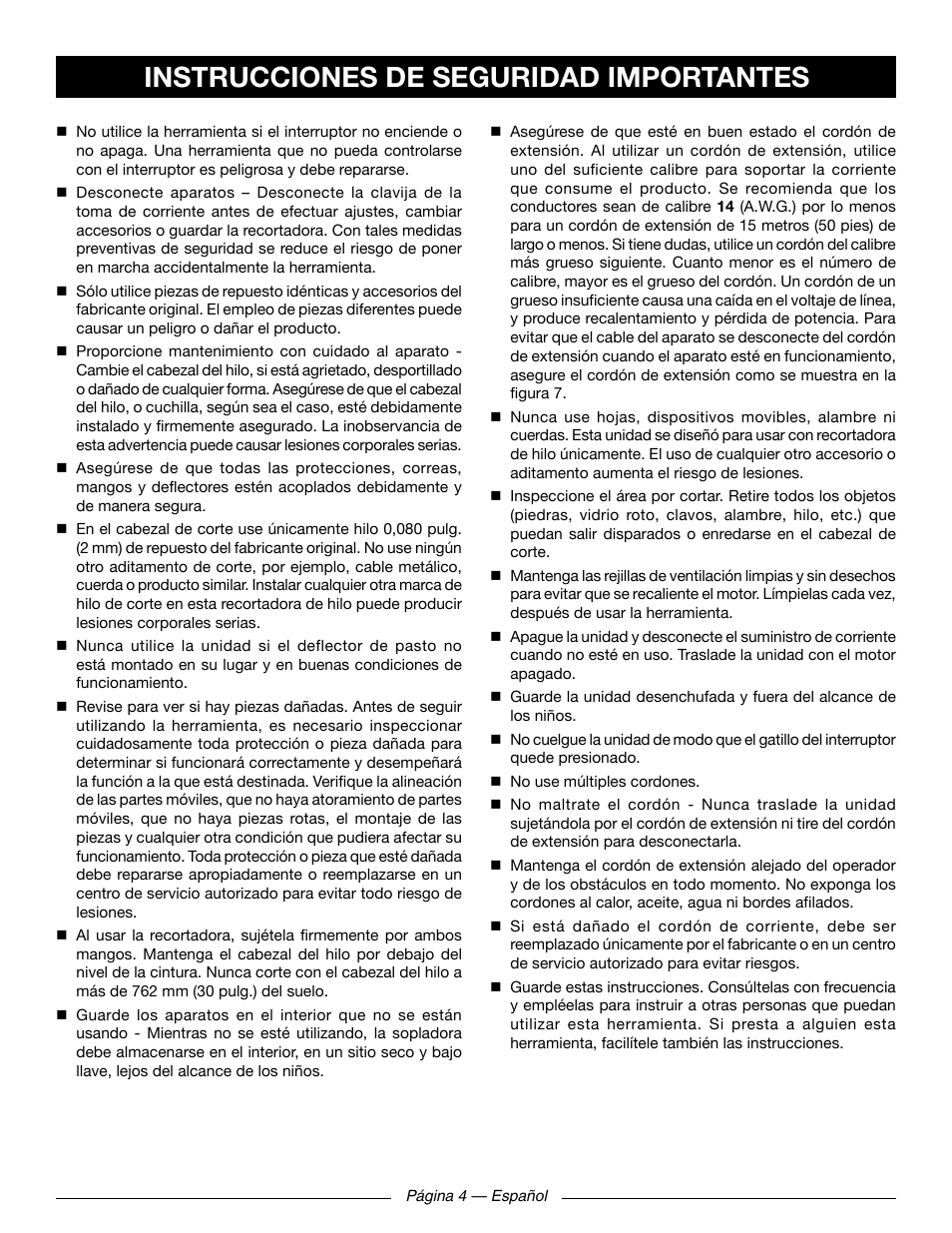 Instrucciones de seguridad importantes | Ryobi RY41131 User Manual | Page 30 / 40