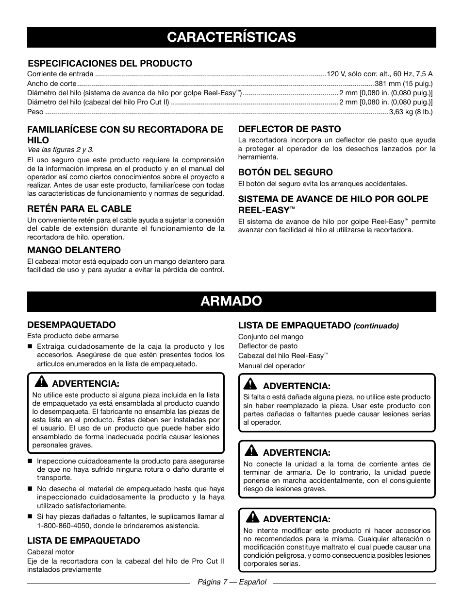 Características armado | Ryobi RY41131 User Manual | Page 33 / 40