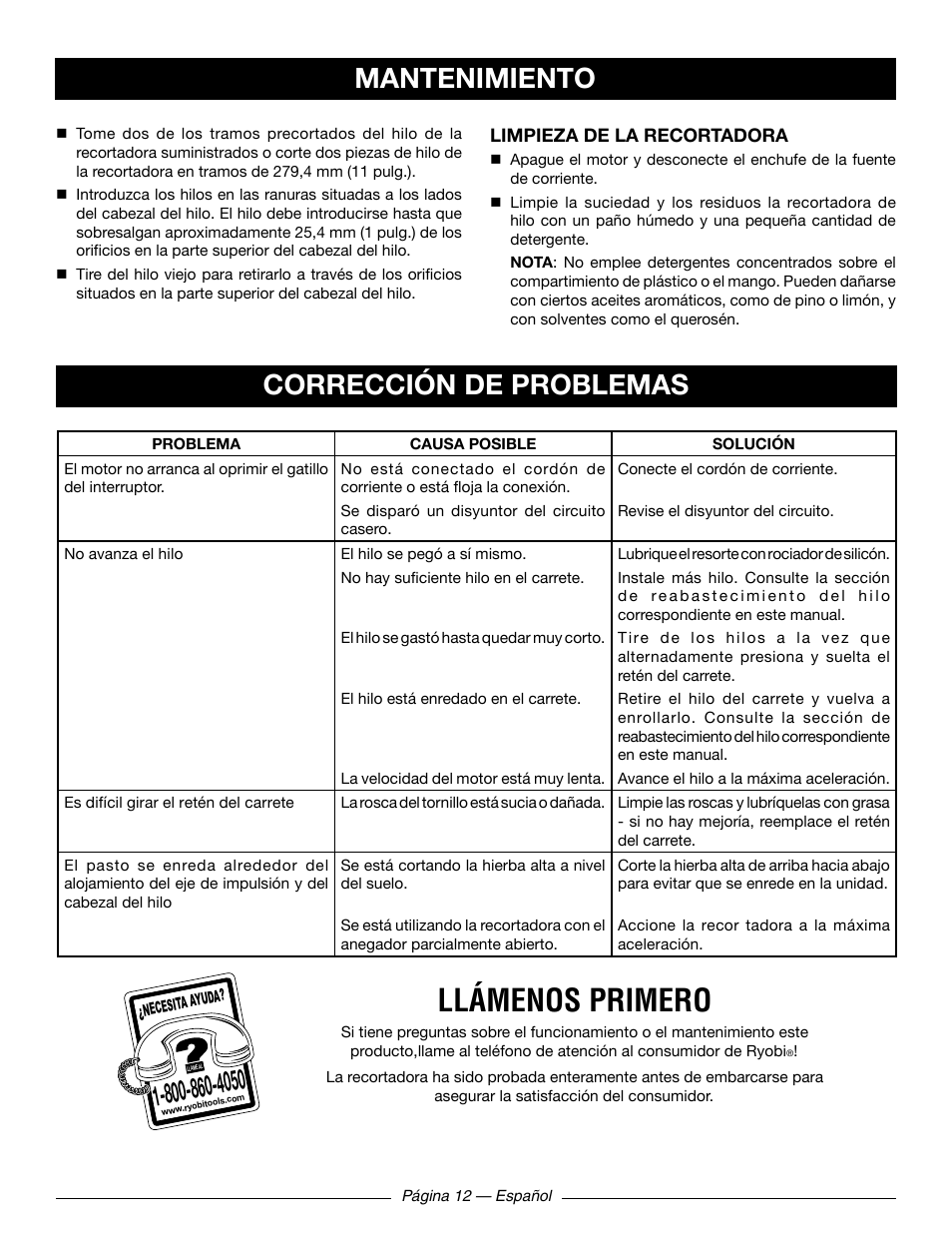 Llámenos primero, Corrección de problemas, Mantenimiento | Ryobi RY41131 User Manual | Page 38 / 40