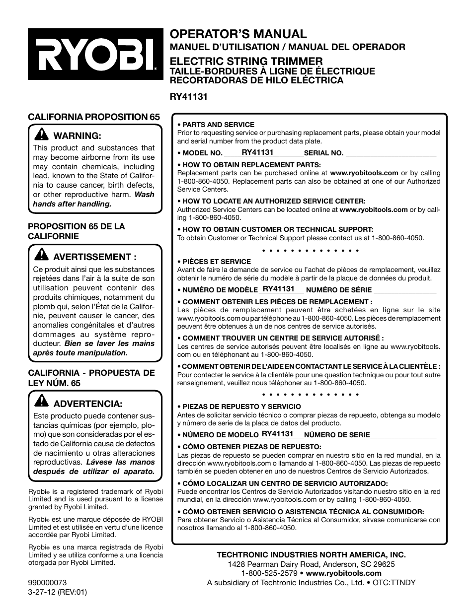 Operator’s manual, Electric string trimmer | Ryobi RY41131 User Manual | Page 40 / 40