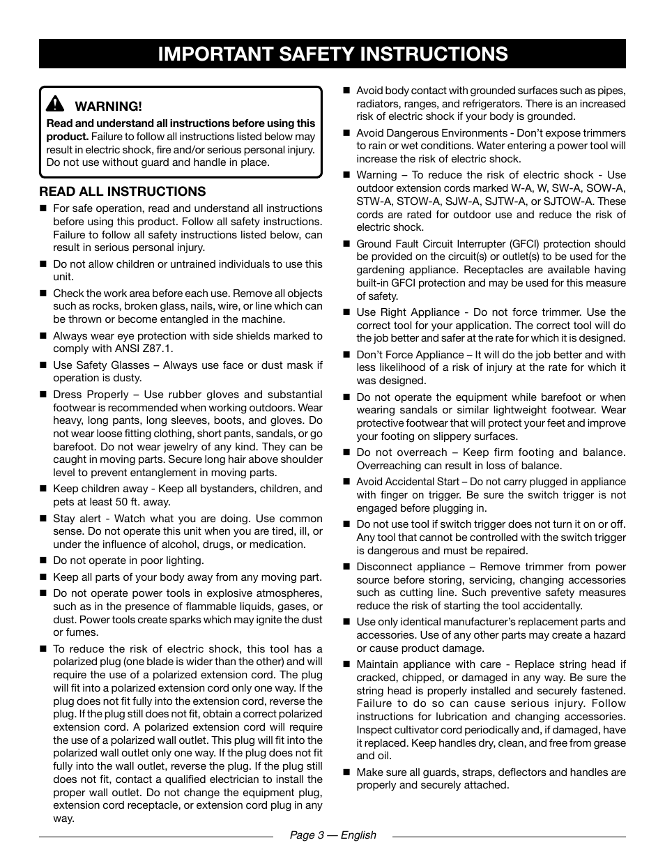 Important safety instructions | Ryobi RY41131 User Manual | Page 7 / 40