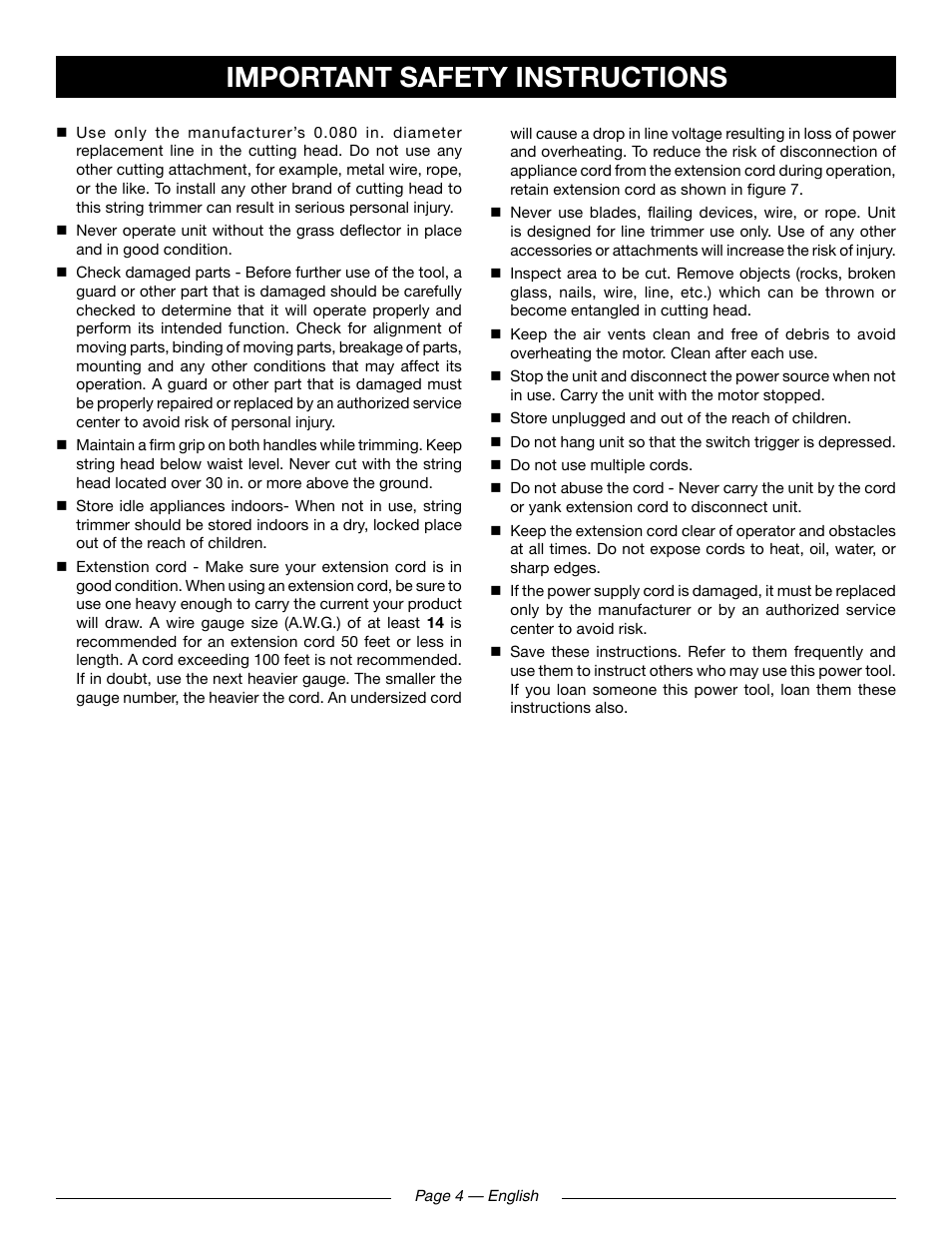 Important safety instructions | Ryobi RY41131 User Manual | Page 8 / 40