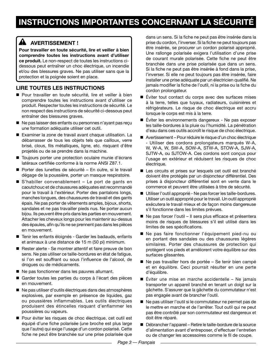 Instructions importantes concernant la sécurité | Ryobi RY41131 User Manual | Page 18 / 40