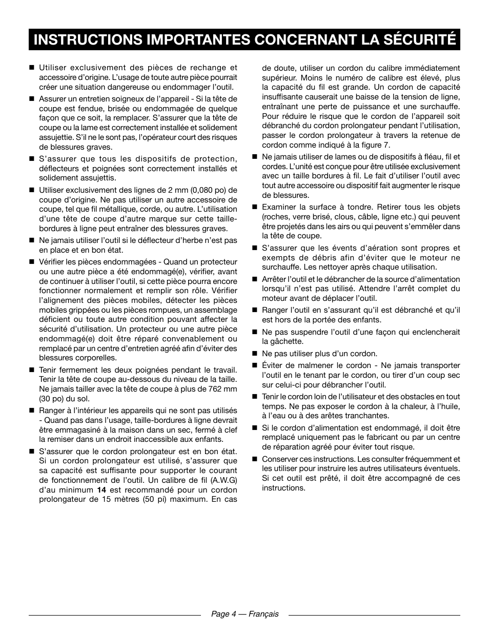 Instructions importantes concernant la sécurité | Ryobi RY41131 User Manual | Page 19 / 40