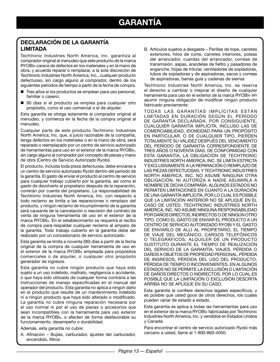 Garantía, Declaración de la garantía limitada | Ryobi RY41131 User Manual | Page 39 / 40