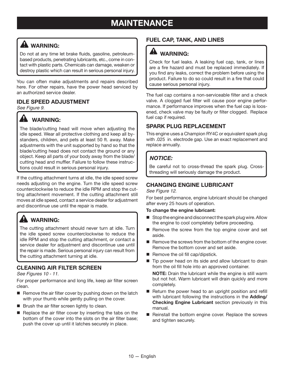 Maintenance | Ryobi RY34005 User Manual | Page 12 / 50