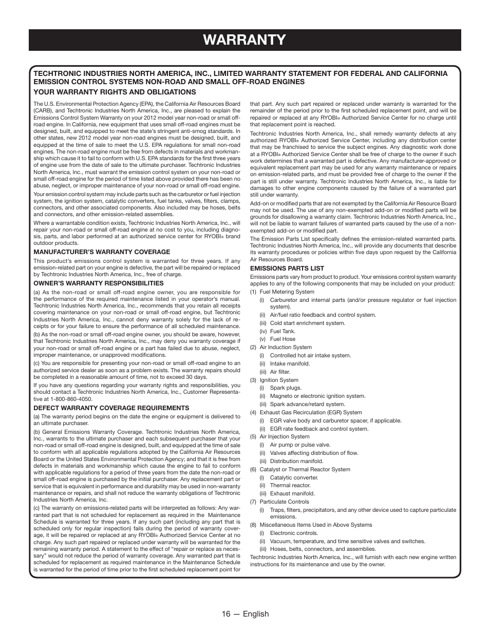 Warranty, 16 — english | Ryobi RY34005 User Manual | Page 18 / 50