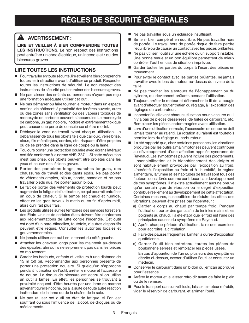 Règles de sécurité générales, Avertissement, Lire toutes les instructions | Ryobi RY34005 User Manual | Page 19 / 50