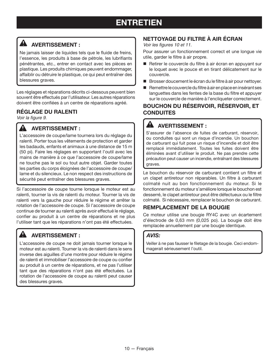 Entretien | Ryobi RY34005 User Manual | Page 26 / 50