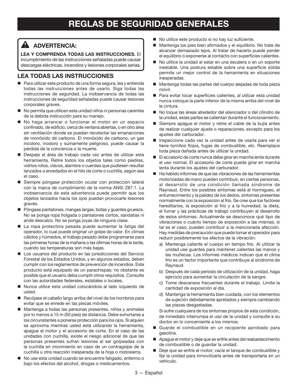 Reglas de seguridad generales, Advertencia, Lea todas las instrucciones | Ryobi RY34005 User Manual | Page 33 / 50